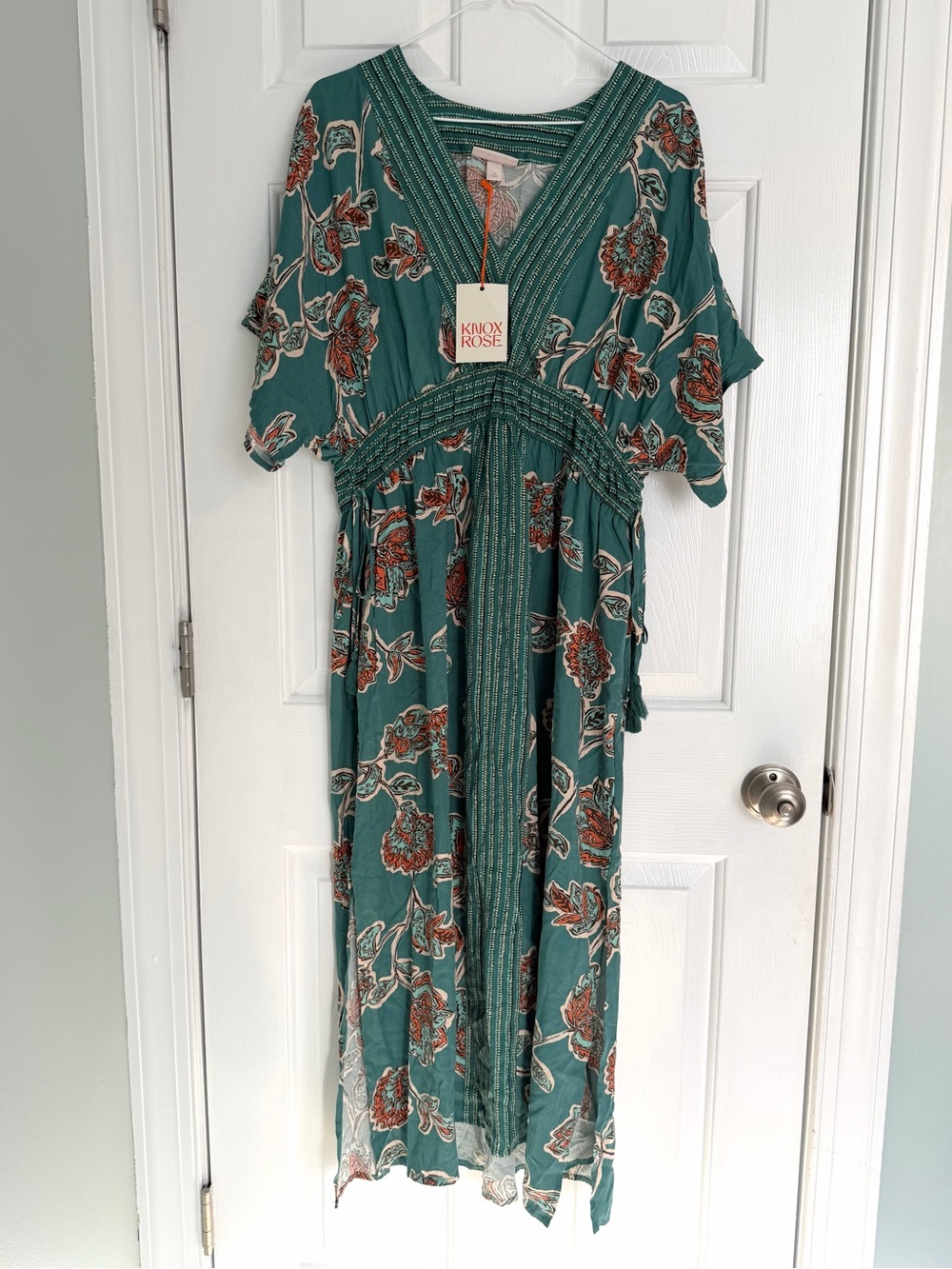Knox Rose Boho Maxi Kaftan Dress Teal Orange Floral Smocking- M NWT